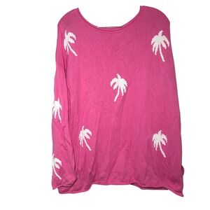 Belle Beach Palm Tree Print Pink Long Sleeve Sweater Womens XL bold fun vacation